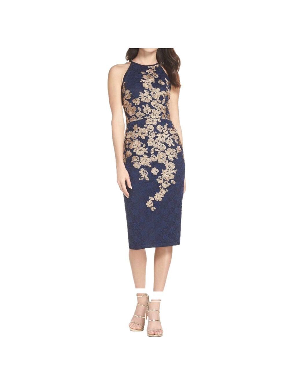 Xcape navy lace gold embroidered halter sheath formal dress Size 2 Party wedding